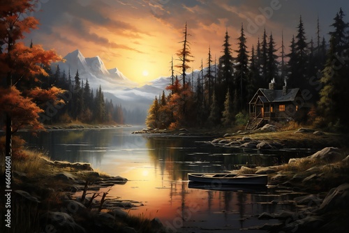 Fantasy landscape with a lake and a boat on the shore at sunset