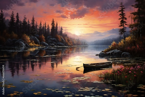 Fantasy landscape with a lake and a boat on the shore at sunset