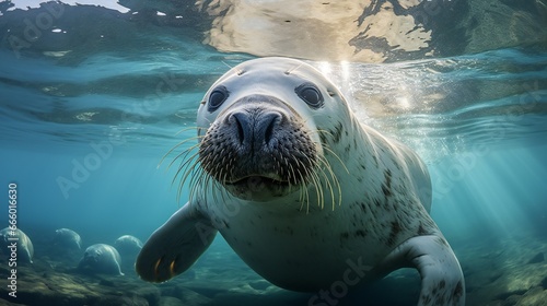 seal swimming underwater in the ocean. 3d render illustration. #666016630