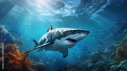 Great white shark in the Red Sea. 3d render. Underwater world. © Pamarac