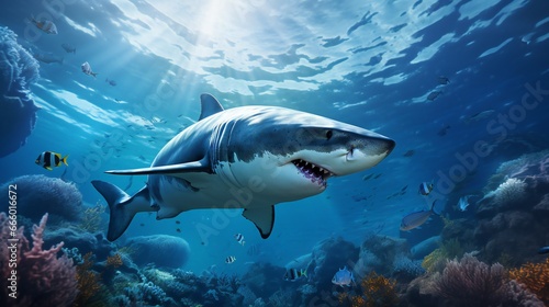 Great white shark in the Red Sea. 3d render. Underwater world.