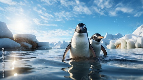 Two penguins swimming on the ice in Antarctica. 3d rendering
