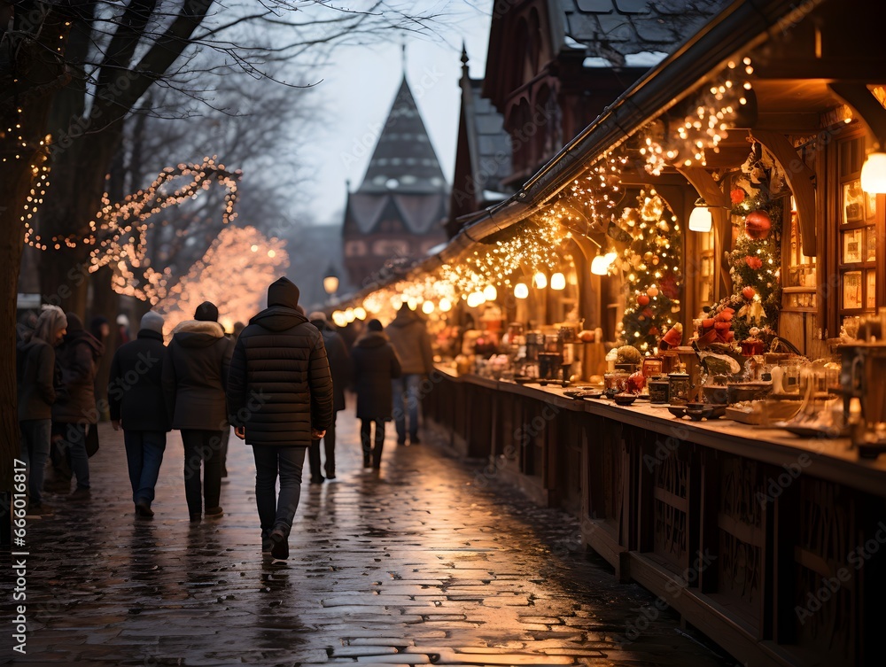 Festive Christmas market stalls in a European city, adorned with seasonal decorations and offering a variety of winter treats and gifts, encapsulating the enchanting atmosphere of the holiday season.