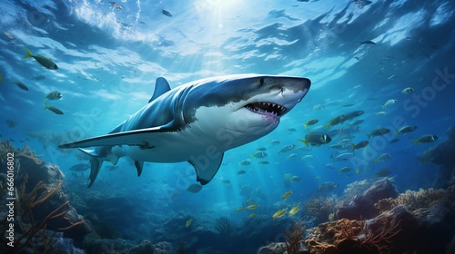 Great white shark in the Red Sea. 3d render. Underwater world. © Pamarac