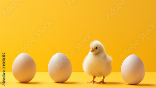 Small Chicken with Eggs on Yellow Background © M.Gierczyk