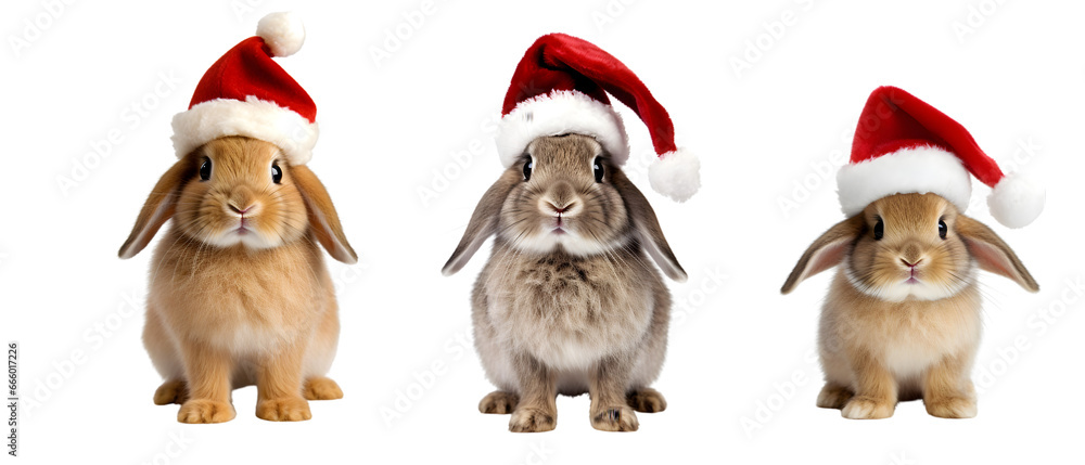 Rabbit wearing a christmas hat on transparent background