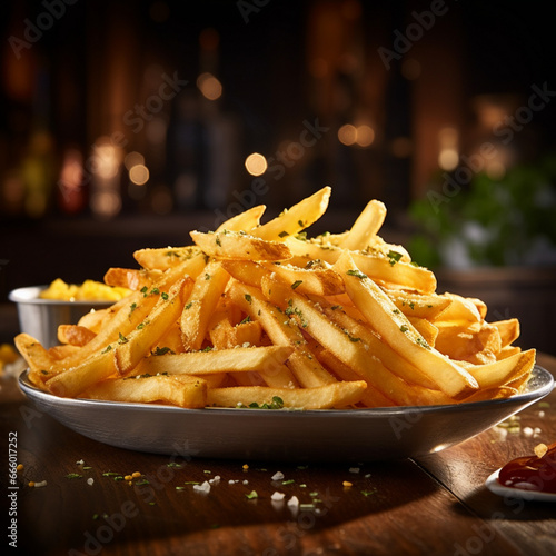 A mouthwatering image of golden  crispy French fries  perfectly seasoned and served  promises a delightful and indulgent fast-food experience