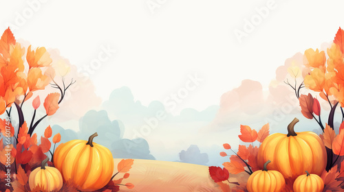 Watercolor illustration painting on Thanksgiving theme frame with pumpkins and autumn leaves over an isolated background copy space Halloween View