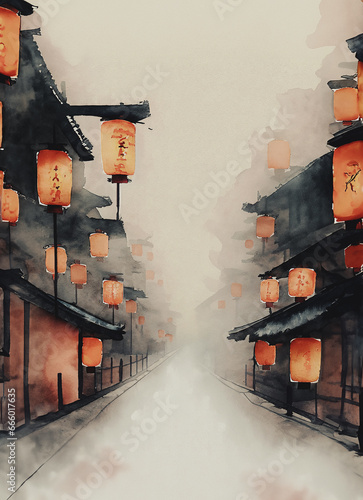 illustrazione con antiche strade solitarie e nebbiose illuminate da lanterne colorate, giappone, cina photo
