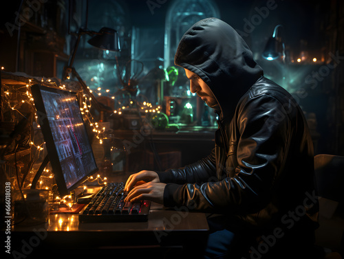 Profile view of an individual in a hooded sweatshirt and Guy Fawkes mask working on a laptop.