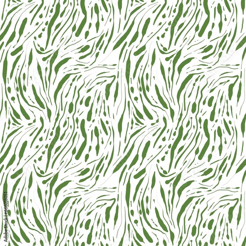 Seamless abstract textured pattern. Simple background with green, white texture. Digital brush strokes. Lines, dots. Design for textile fabrics, wrapping paper, background, wallpaper, cover.