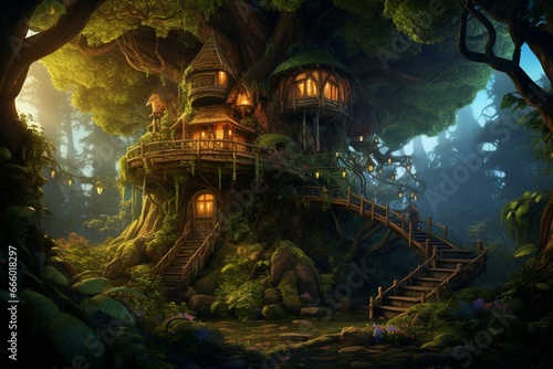 Illustration depicting a magical tree house nestled within a lush forest in a video game scene. Generative AI