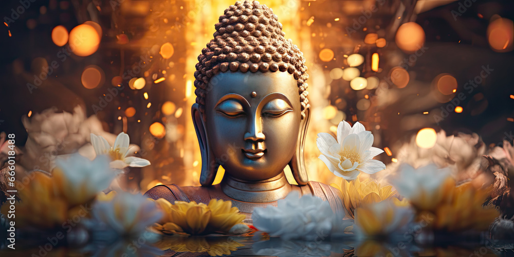Buddha golden statue decorated with lotus blossoms