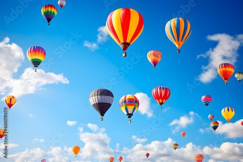 Colorful hot air balloons on blue sky.