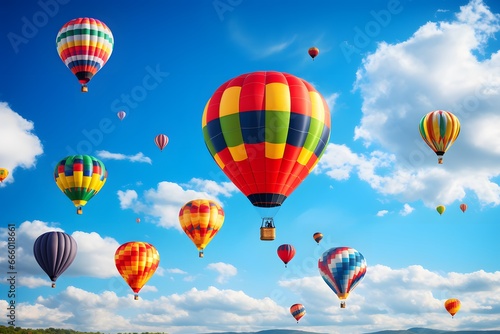 Colorful hot air balloons on blue sky. © Pacharee