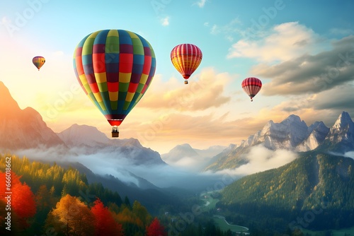 Colorful hot air balloons flying over green mountain landscape.