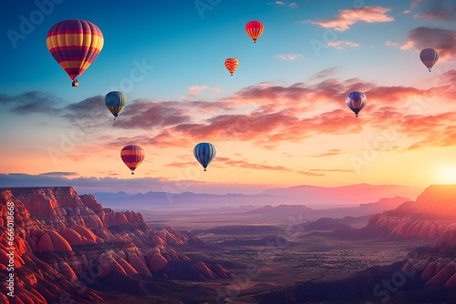Colorful hot air balloons flying over mountain landscape.