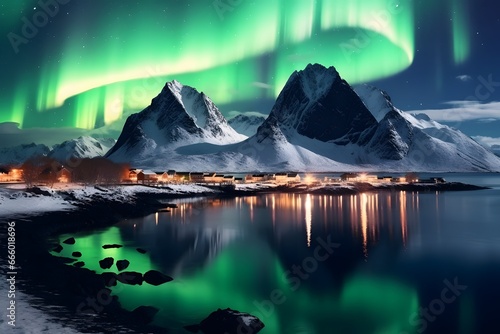 Aurora borealis over the sea at night. Northern lights with lake and mountain landscape.