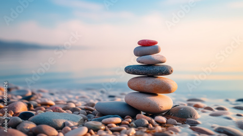 Zen stone tower with peaceful sea and sky bokeh