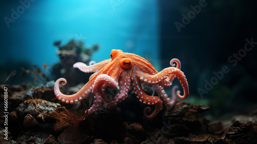 Unterwassserwelt im Meer mit großen Octopus Nahaufnahme im Querformat als Banner, ai generativ