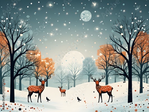 An enchanting illustration of roe deer and fallow deer on snow during the Christmas season, beautifully capturing the serene beauty of nature in winter.