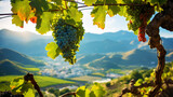 A large bunch of ripe green grapes on the vine, with blurred mountains on background. Generative AI