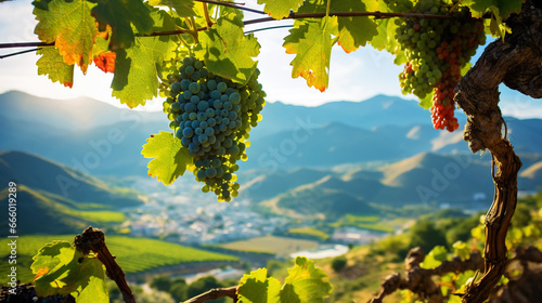 A large bunch of ripe green grapes on the vine, with blurred mountains on background. Generative AI