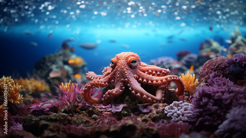 Unterwassserwelt im Meer mit großen Octopus Nahaufnahme im Querformat als Banner, ai generativ