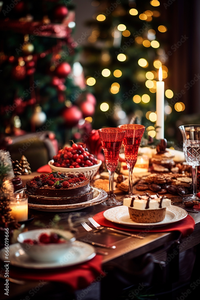 Beautiful Christmas table full of food. Generative AI, Beautiful Christmas table full of food. Generative AI,