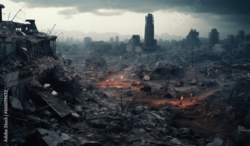 Metal and Stone are Crumbling from Demolished,A city is full of ruins and large buildings.