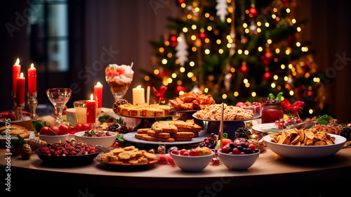 Beautiful Christmas table full of food. Generative AI 