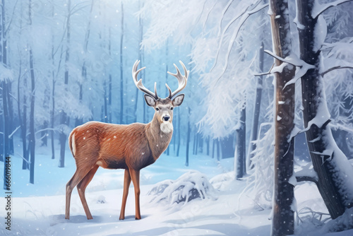 a deer standing in a snowy forest with a light shining,deer standing in a winter © kiatipol