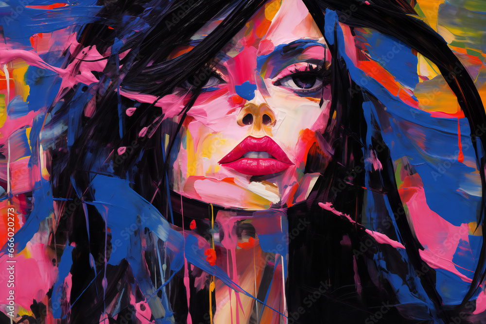 Abstract oil painting portrait of a beautiful girl with bright make-up