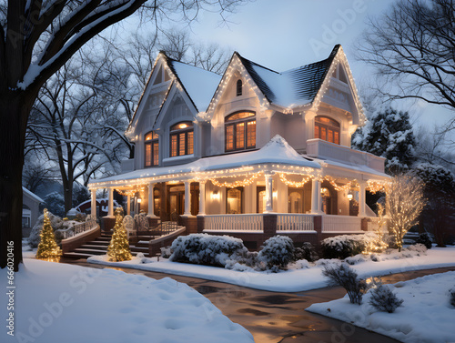 A charming house in the United States, enveloped in a blanket of snow during the Christmas holidays, radiates a warm and inviting atmosphere from within.