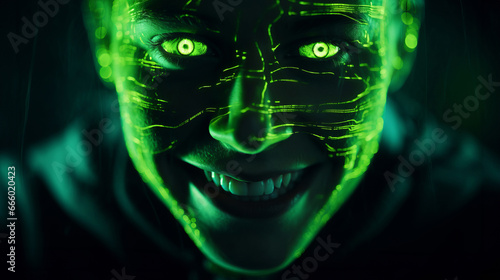 Mysterious face of anonymous hacker with glowing green eyes veiled in mesmerizing array of luminous green program code, delve into digital realm, shadowy figure in cyberspace, close up view photo