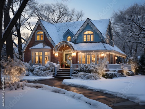 A charming house in the United States, enveloped in a blanket of snow during the Christmas holidays, radiates a warm and inviting atmosphere from within. © Tomasz