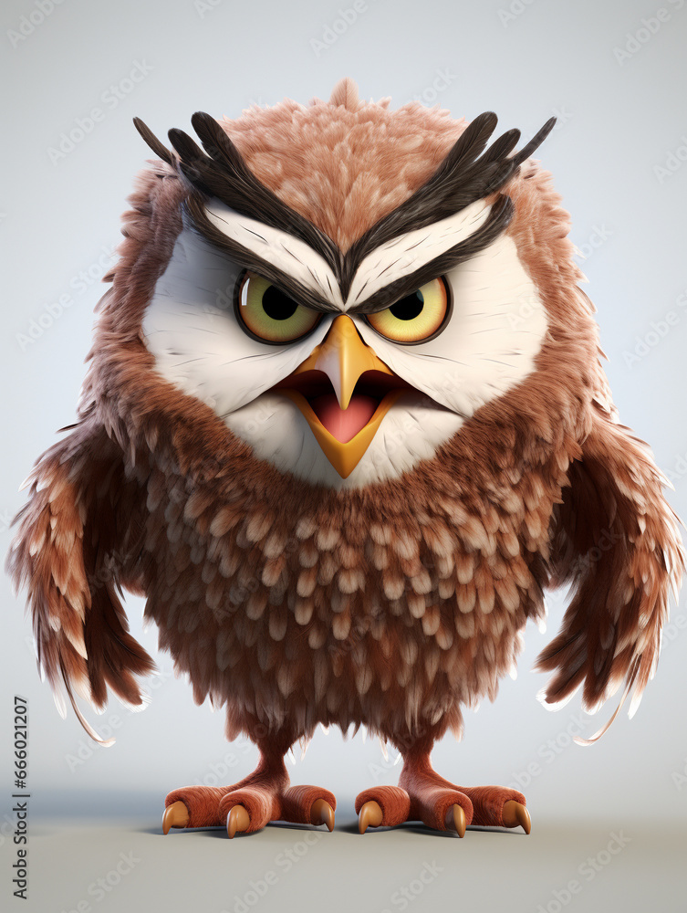 Fototapeta premium An Angry 3D Cartoon Owl on a Solid Background