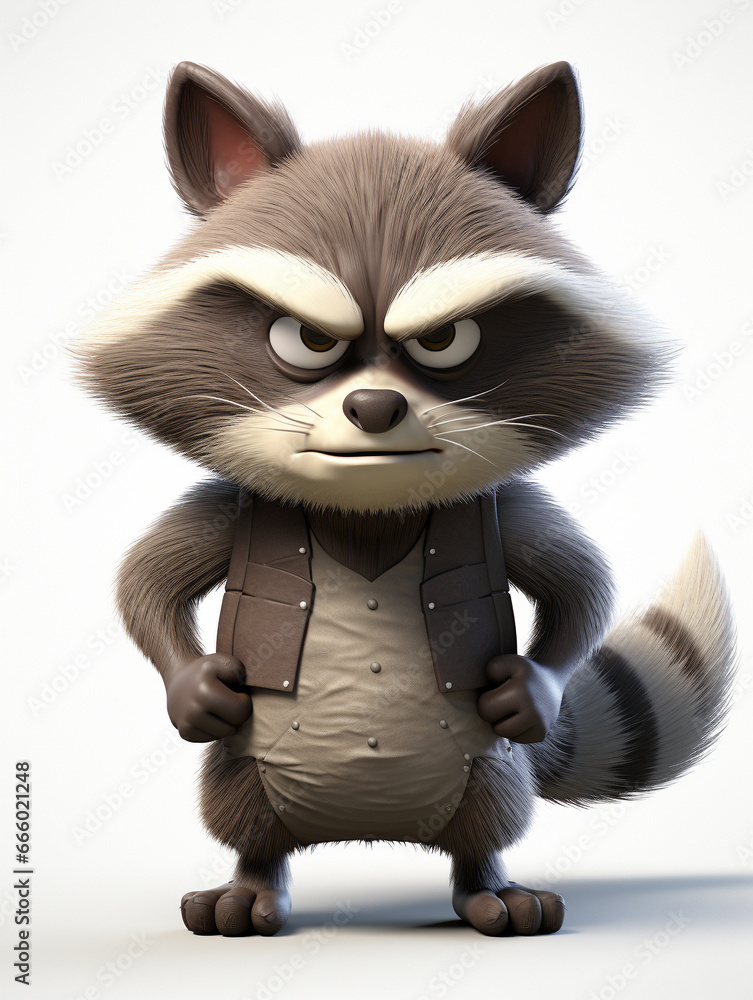 An Angry 3D Cartoon Raccoon on a Solid Background