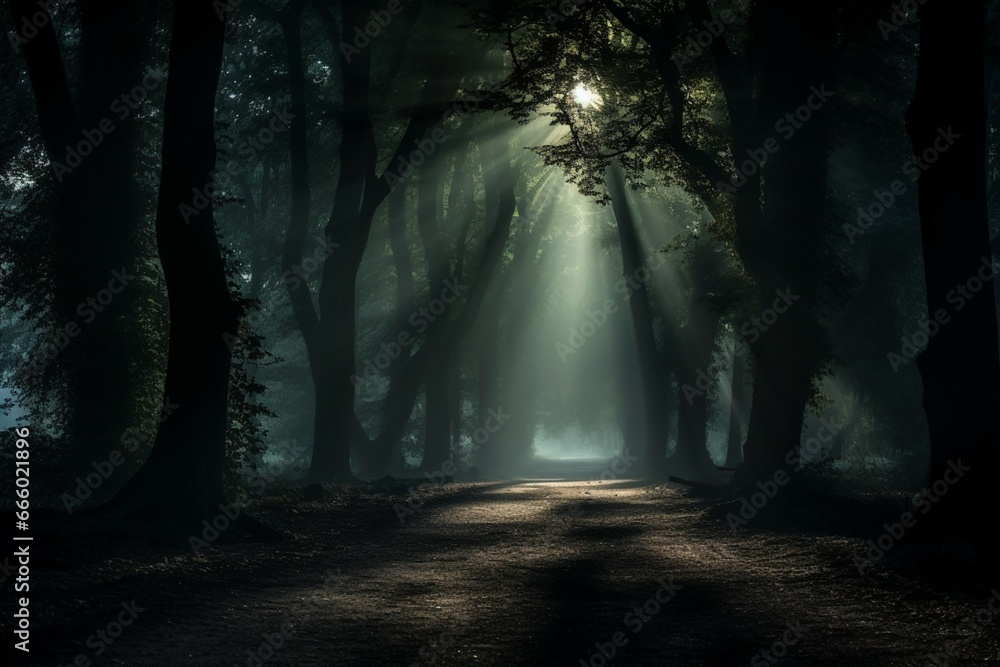 A captivating photograph of a moonlit forest with towering trees casting long shadows, creating an atmosphere of mystery and enchantment, aesthetic look