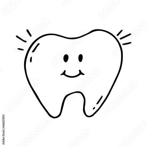 Clean happy tooth in doodle style. Vector illustration on the topic of brushing teeth
