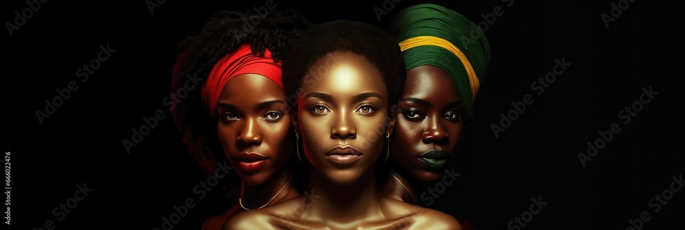 Three Ethnic Women in Colorful Turbans Celebrate Black History Month, Women's Month, and Black Lives Matter Three Ethnic Women in Colorful Turbans Celebrate Black History Month, Women's Month, and Black Lives Matter