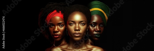 Three Ethnic Women in Colorful Turbans Celebrate Black History Month, Women's Month, and Black Lives Matter