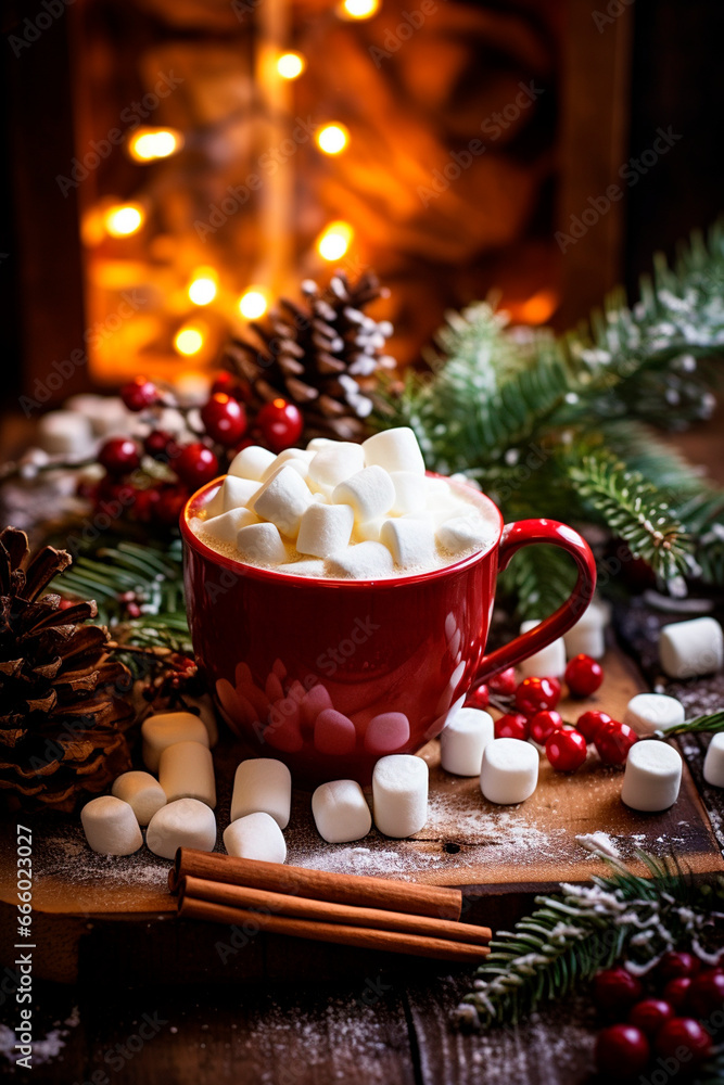 Christmas cup of cocoa with marshmallows. Generative AI, Christmas cup of cocoa with marshmallows. Generative AI,