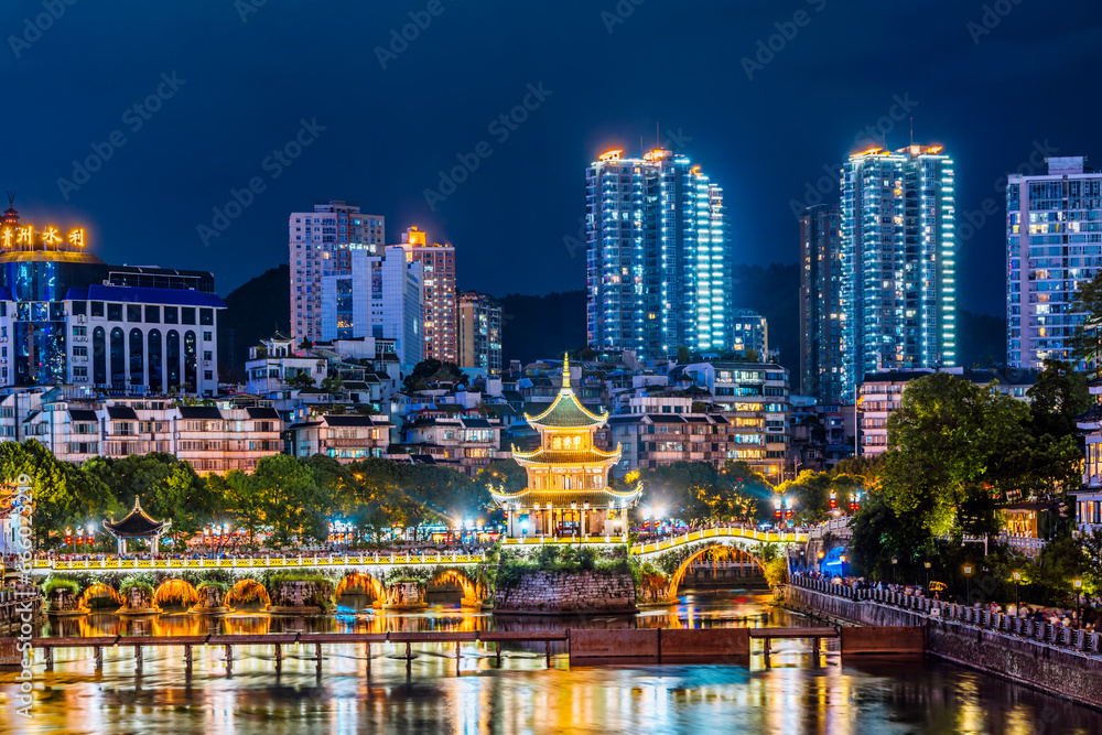 Night View Close-up of Jiaxiu Building in Guiyang, Guizhou, China