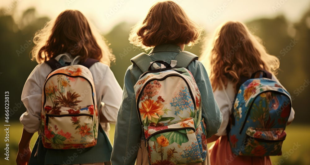 children standing together with backpacks
