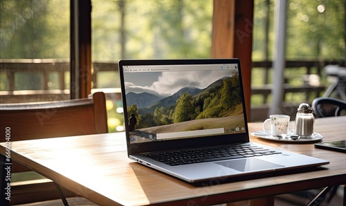 Photo of a laptop computer on a sleek wooden table