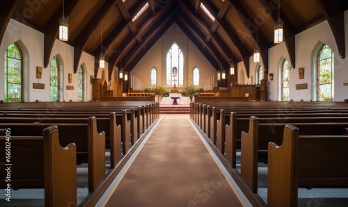 Photo of an empty church with beautiful stained glass windows and rows of pews