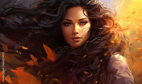 A woman holding a fireball with flowing hair