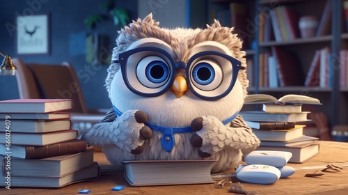 kind cute owl in the glasses and books around cartoon.Generative AI photo