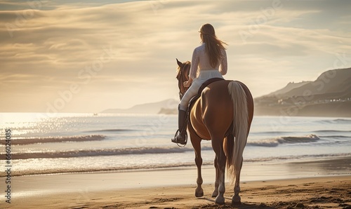 Two women riding horses on the beach at sunset © uhdenis